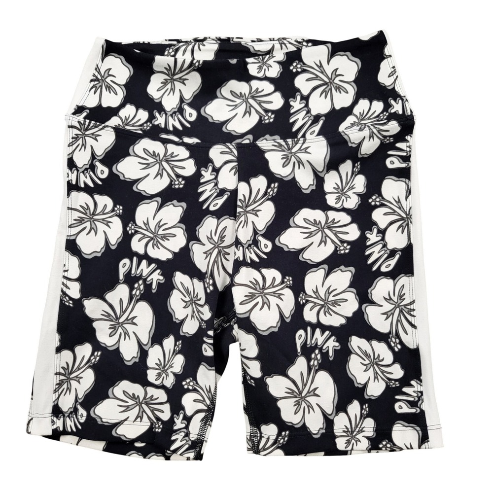 PINK Victoria's Secret Active Biker‎ Shorts XS Black White Hibiscus 449599-QFP
